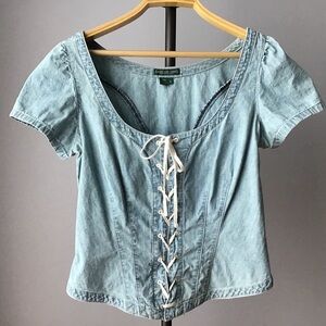 Ralph Lauren chambray blue denim corset style lace up top size Medium